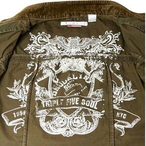 Triple Five Soul Women’s Camo Jacket L Y2K Graphic Velour Trim Utility‎ Style
